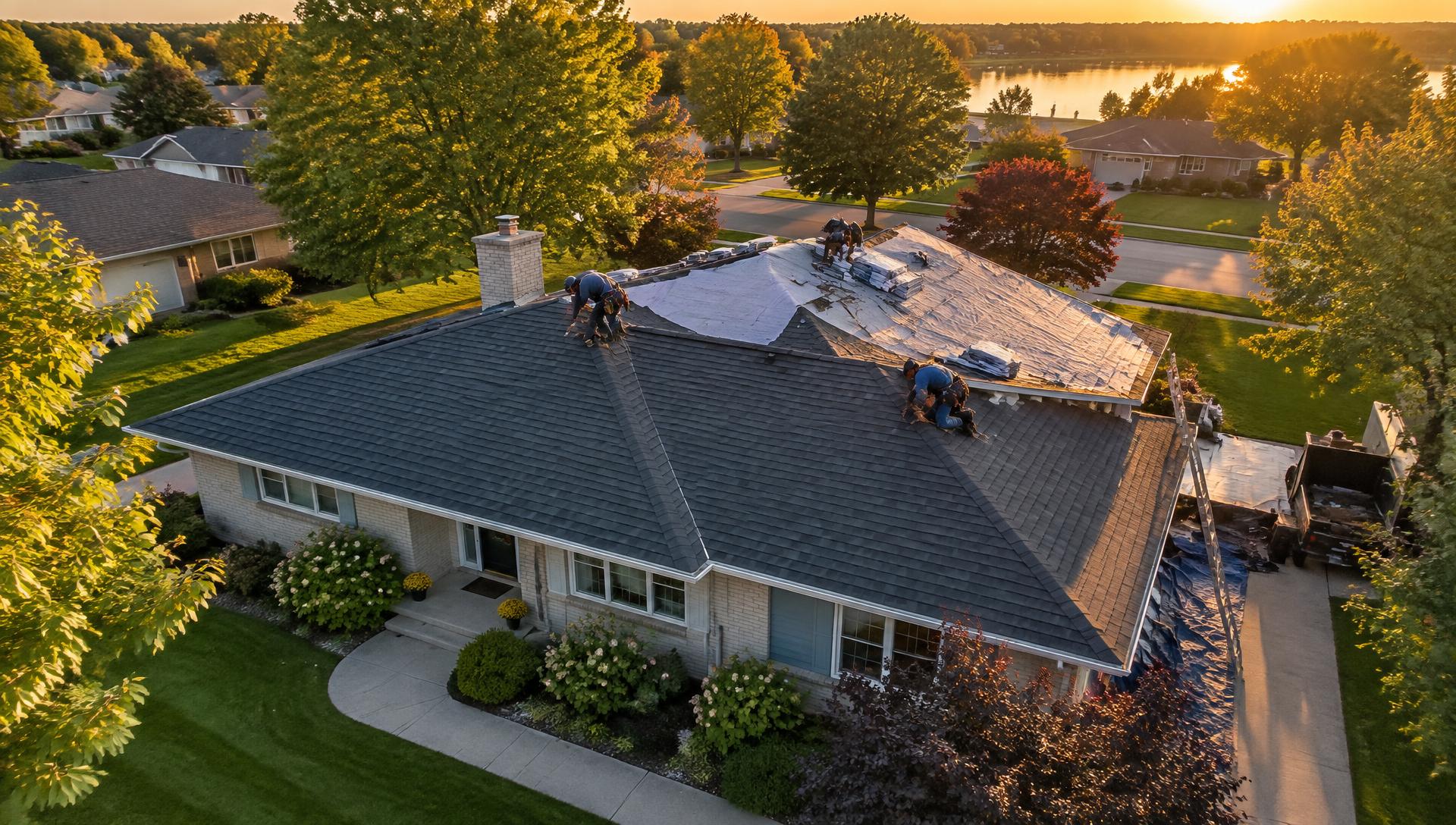 Drone view of roofers putting new dark shingles on a ranch home at sunset