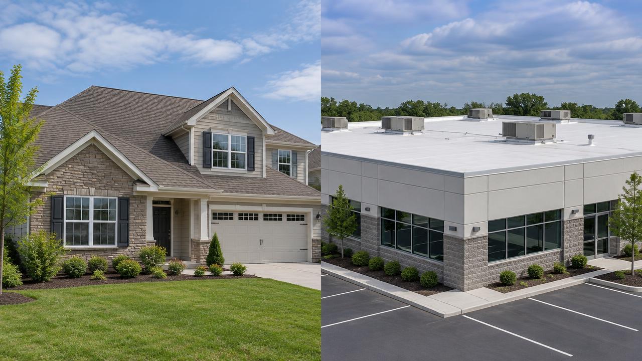 A suburban home with a shingle roof beside a low commercial building with a white flat roof and rooftop units